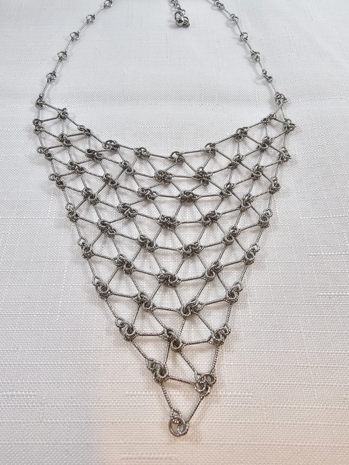 Vintage Silver Tone Waterfall Necklace Mesh Chainmail Bib and Ornate with Knots