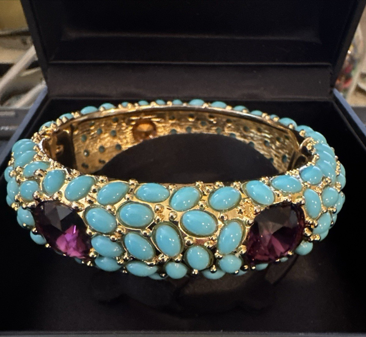 KJL Kenneth Jay Lane Gold Plated Turquoise Cabochon Hinged Bracelet 6-6.5″