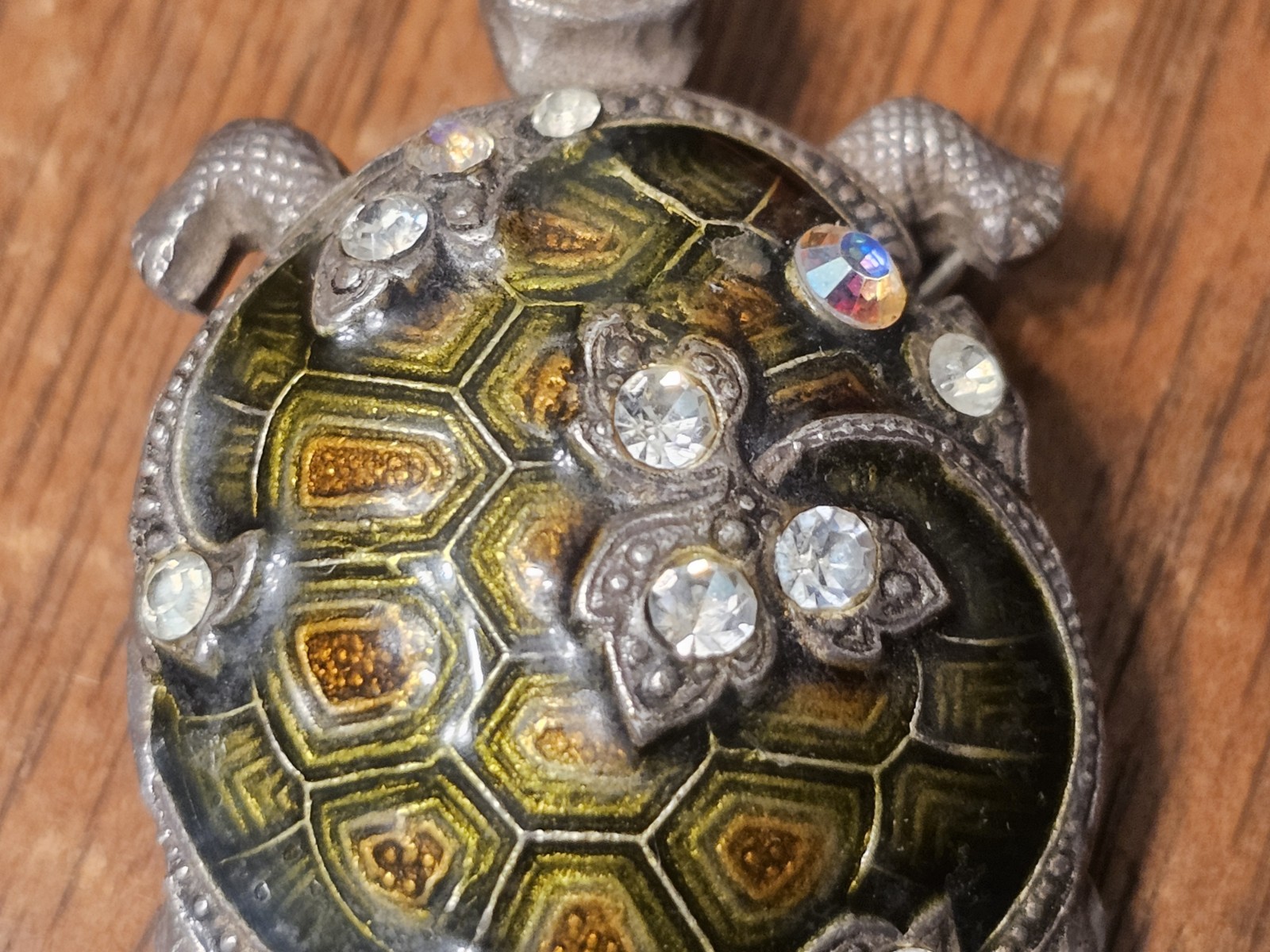 CATHERINE POPESCO FRANCE GREEN TURTLE INLAY ENAMEL & Rhinestones PEWTER BROOCH