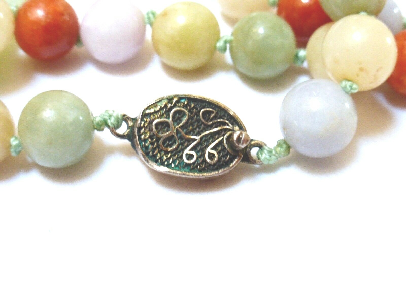 Vintage Chinese Multi-Color Jade 9mm Beads Necklace Pendant, Silver Clasp, 25″