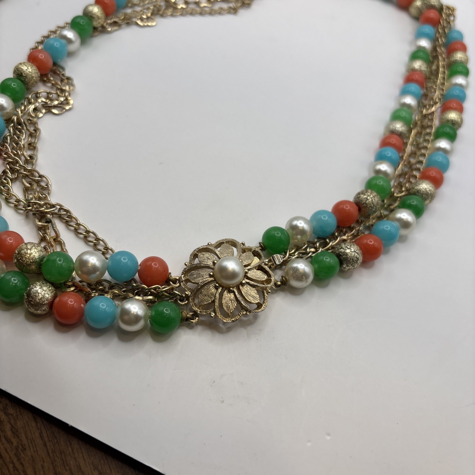 Vintage Gold Toned Multi Strand Necklace, Earring, Bracelet Set Multicolored
