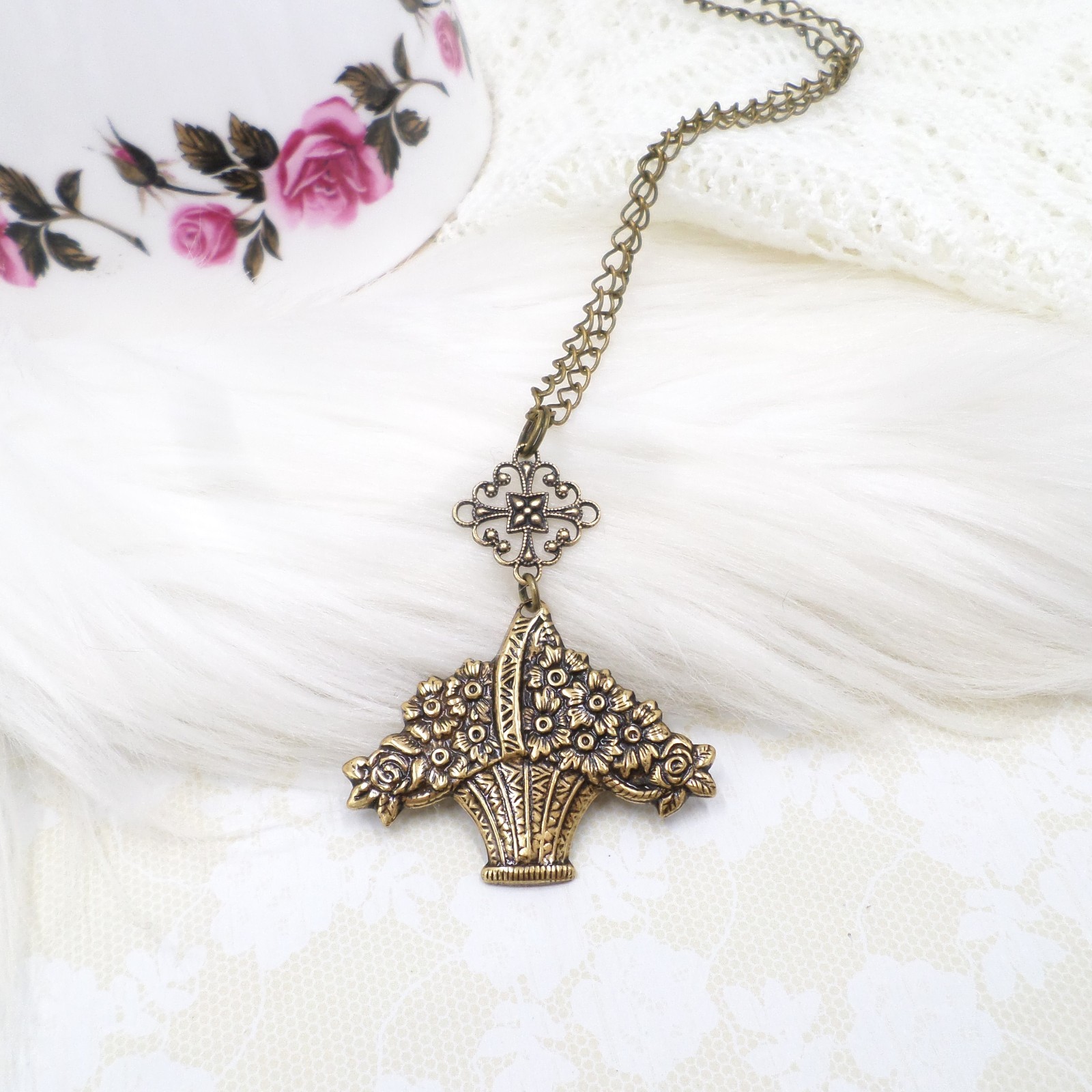 Flower Basket Necklace Antique Brass Handmade Floral Pendant Victorian Style