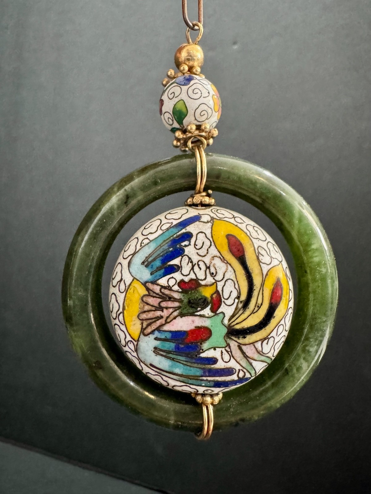 Lot of 3 Vintage Asian Style Pendant Necklaces Cloisonne Jade Look Cinnabar Styl