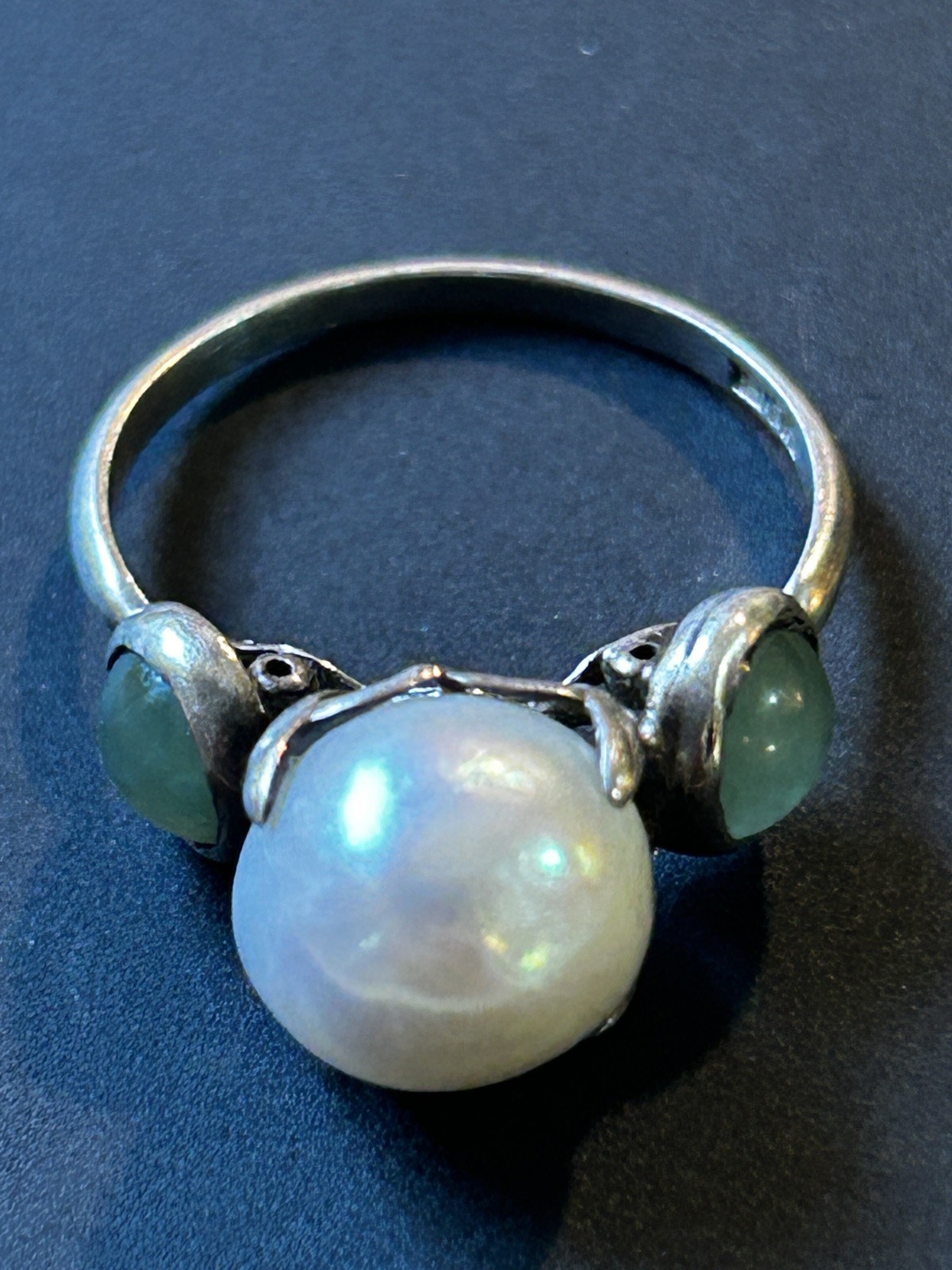 Antique Sterling Silver Pearl Ring with Natural green side stones