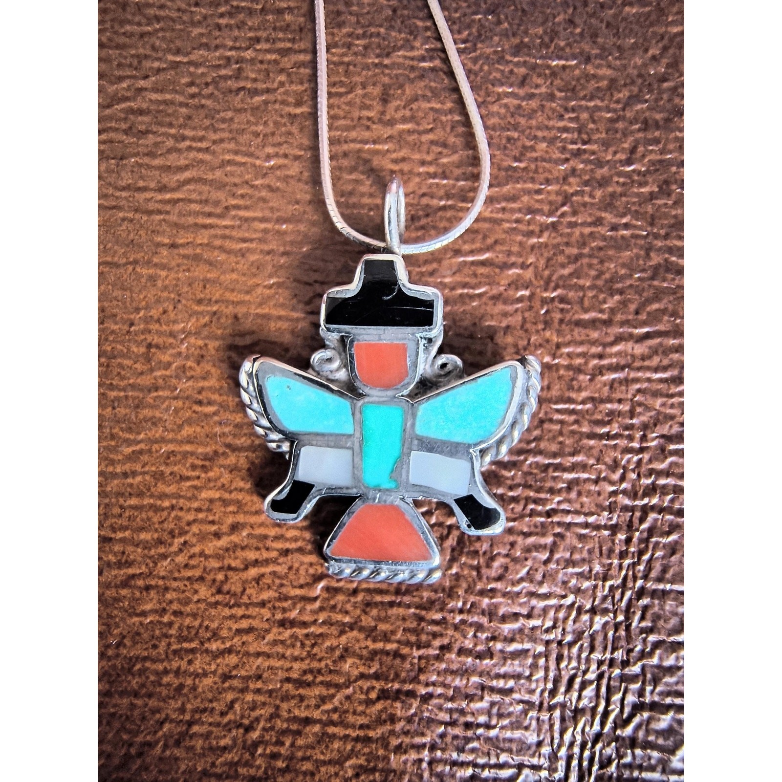 Old Zuni Style Sterling Silver Inlay Pendant Necklace & Chain BS 925 Italy