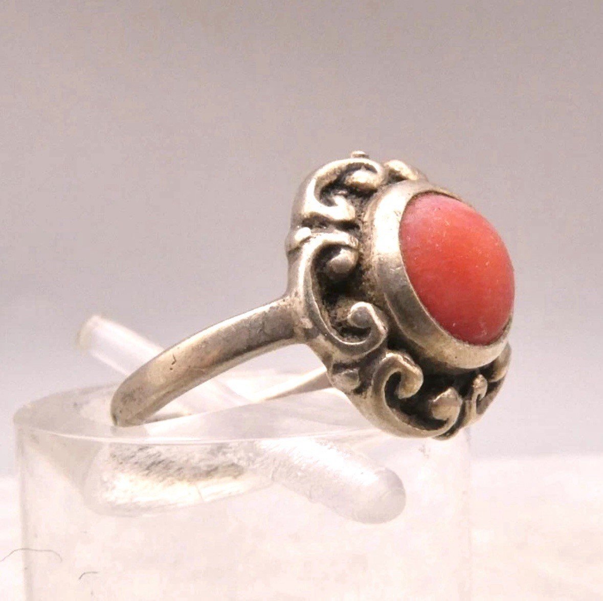 A11 Size 2 Christening ANTIQUE Historic 1890s 6mm Red Coral 835 Silver Ring