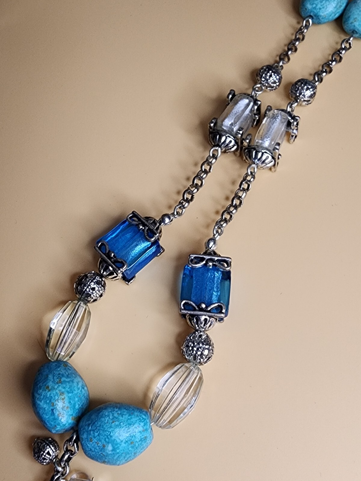 Vintage NINA RICCI Necklace Green Faceted Lucite Blue Glass Pendant 18″Avon