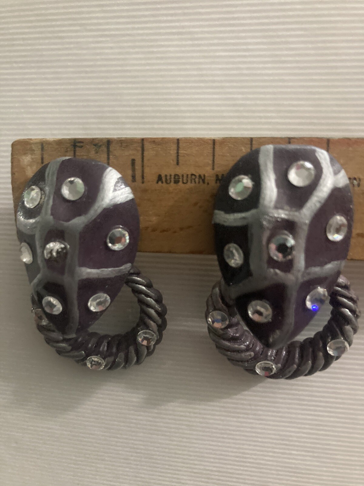 VTG Jeff Lieb Clip Earrings Purple/Silver/ Rhinestone One Of A Kind Handmade
