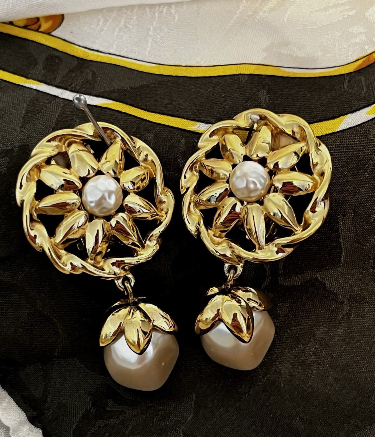 Vintage Givenchy Paris NY Earrings Golden Pearl Cabochon 2” Dangle Drop Clip On