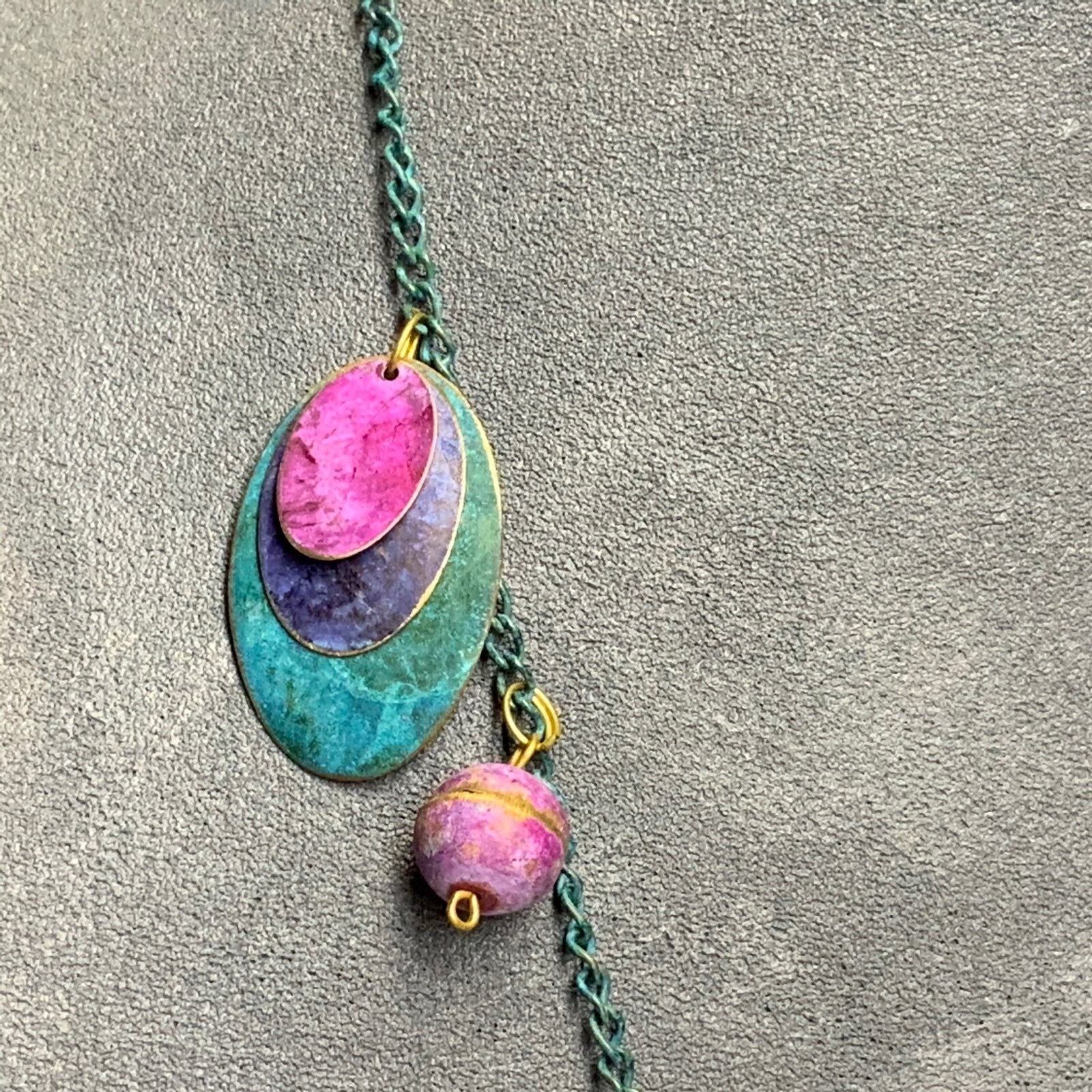 Layered Metal Oval Necklace 25 In Turquoise Blue Pink Purple Gold Rustic Boho