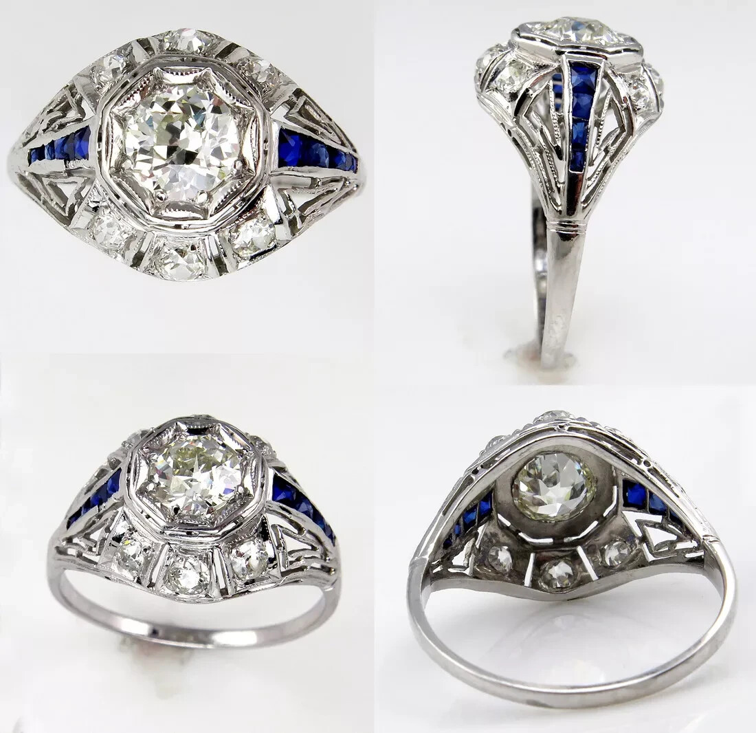Art Deco 4Ct Lab Created Diamond & Sapphire 14K White Gold FN Engagement Ring