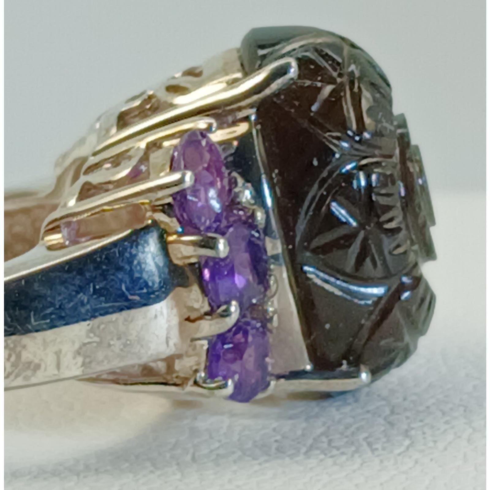 Vintage 1990s Thailand CBS 925 Sterling Silver Carved Onyx Amethyst Ring Size 8