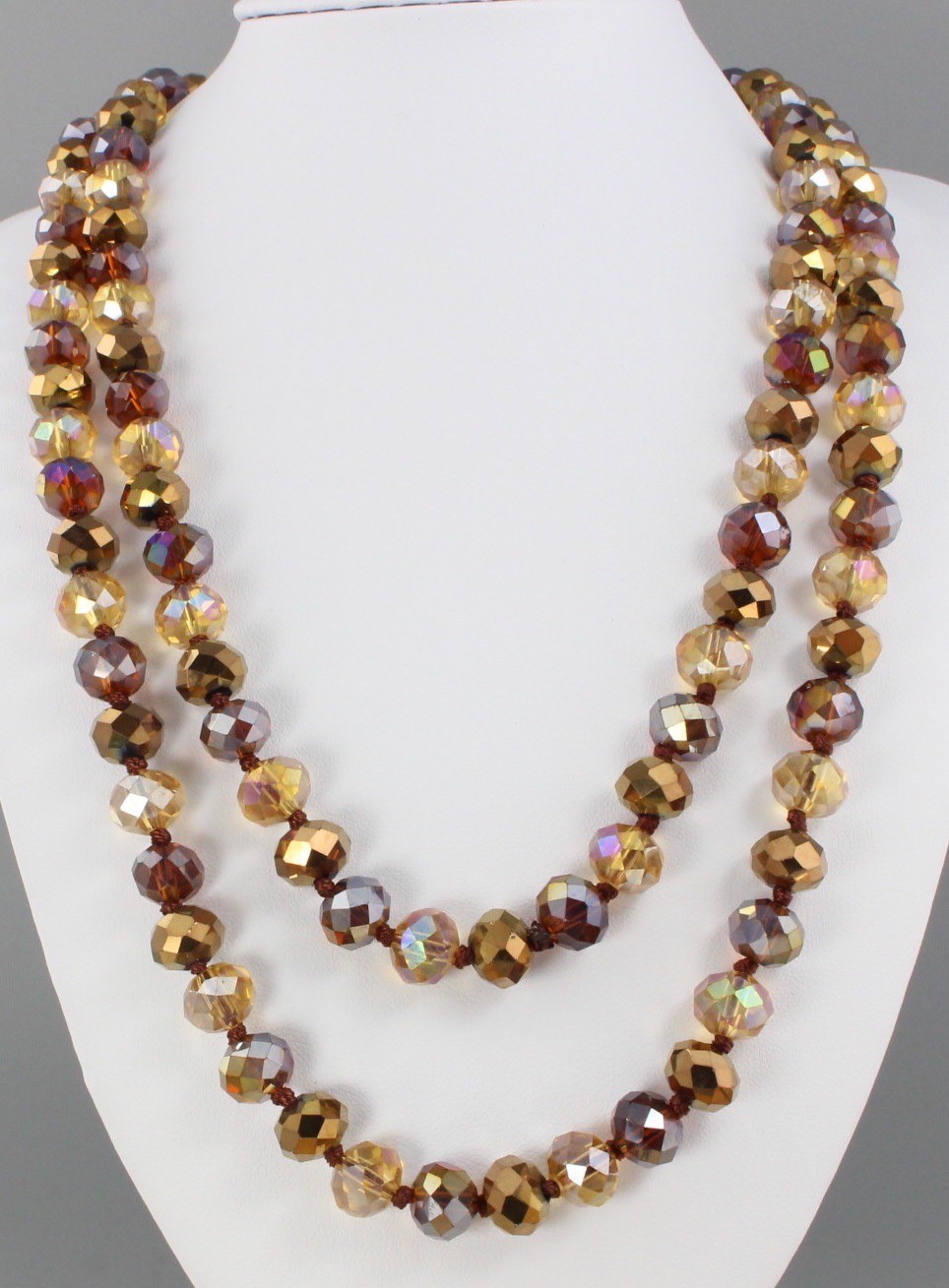 VINTAGE TAN & BROWN AB AURORA BOREALIS CRYSTAL GLASS BEAD LONG NECKLACE 
