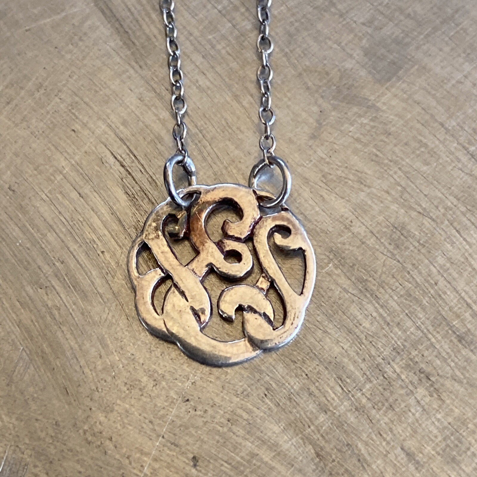 Vintage Sterling Silver Swirl Monogram Pendant Cable Chain 18” Necklace