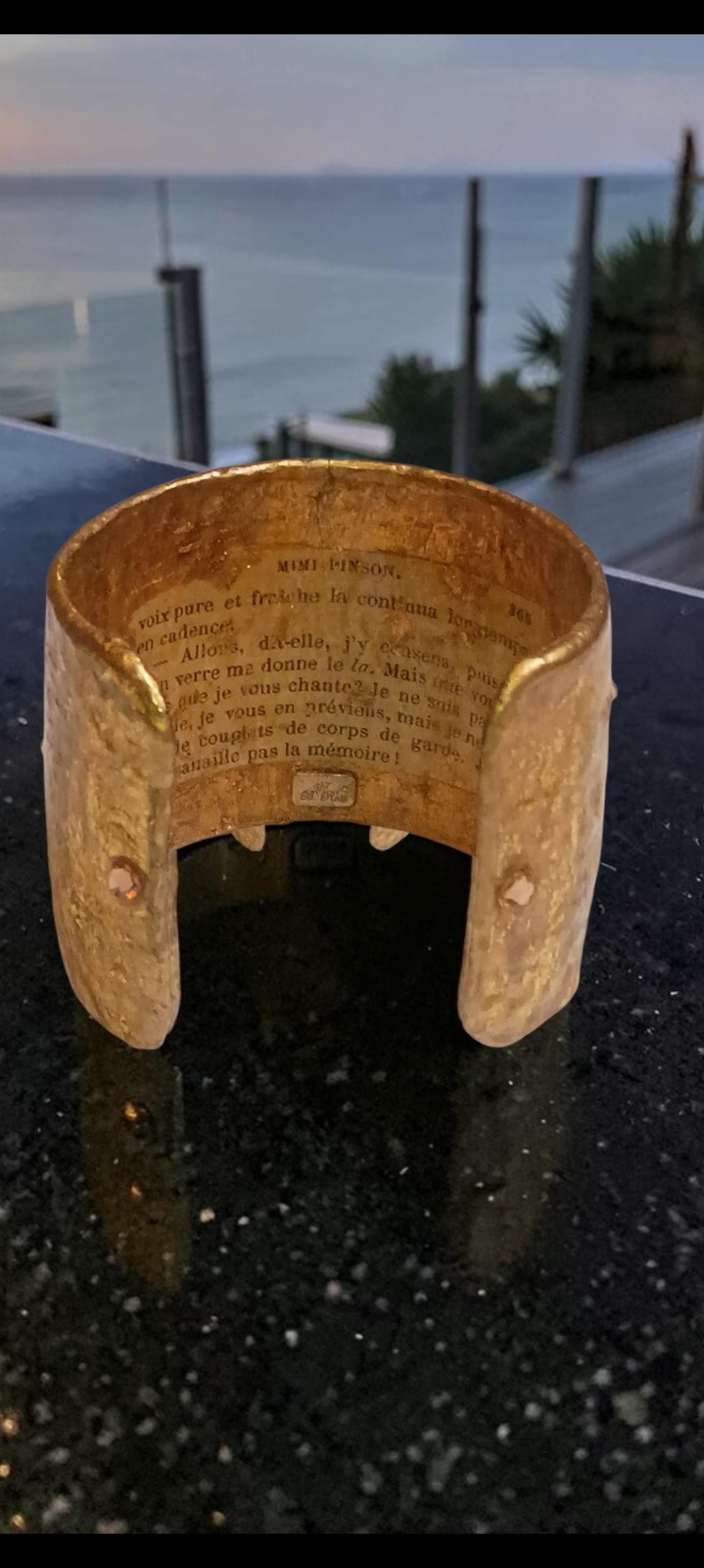 Rare Brigitte Ross Gold Hammered Literary Cuff Bracelet Alfred De Musset French