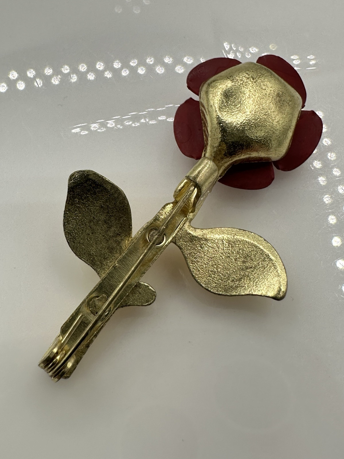 Small Vintage Brooch Red Rose Shaped Gold Tone Plated
