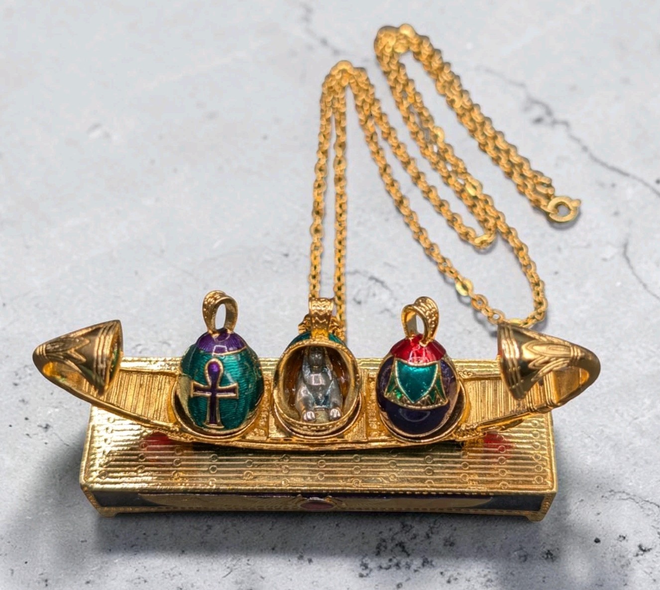 Vtg Edgar Berebi Limited Edition Egyptian Revival Eggs Boat Of Symbols Necklace