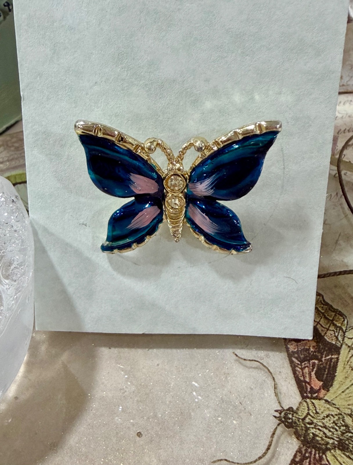 Enameled Butterfly Pin, Blue & Pink With Rhnestone Accents, Gift for Her, Mom