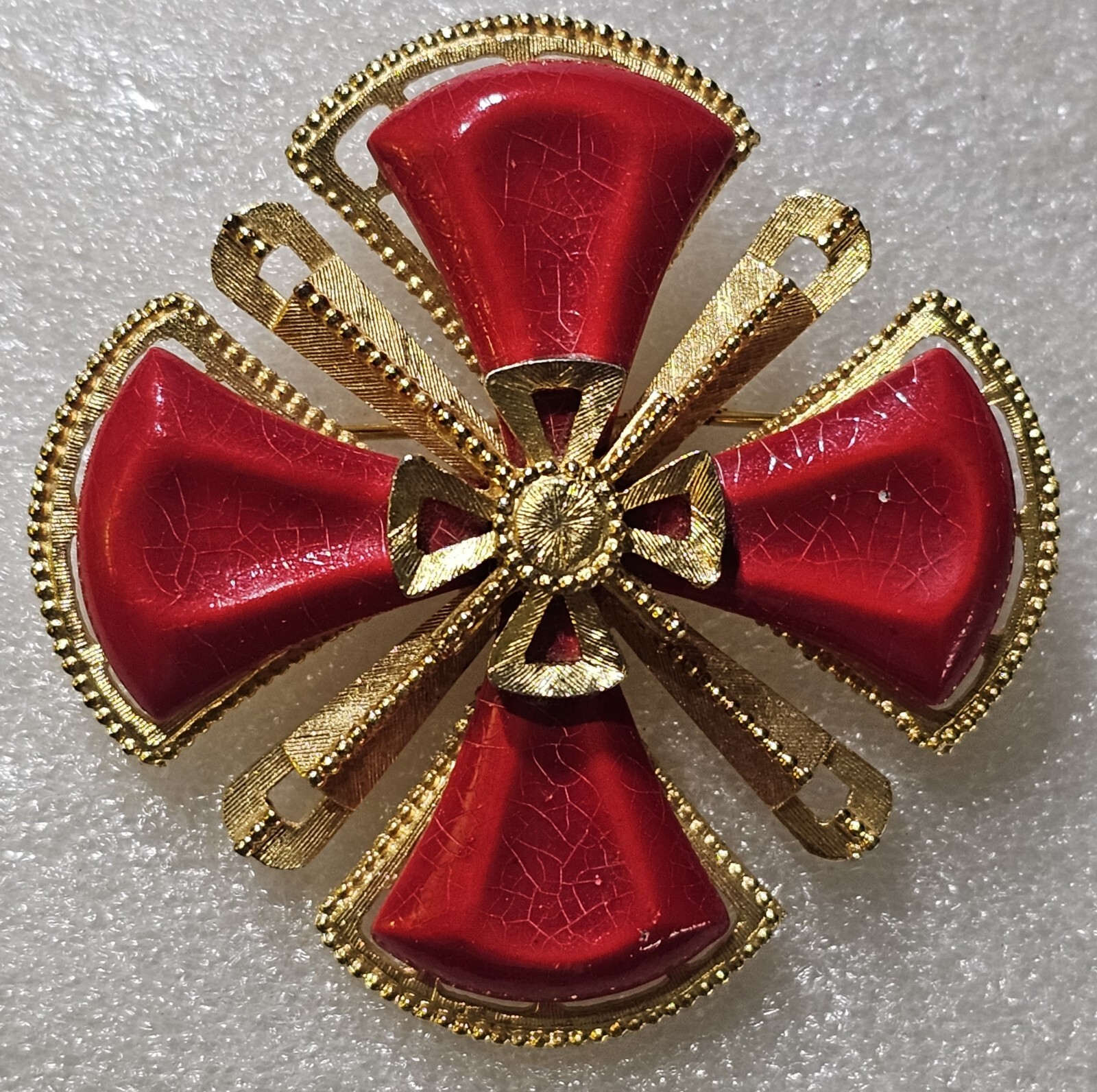 Vintage Red Cabochons Figural MALTESE Iron Cross Brooch