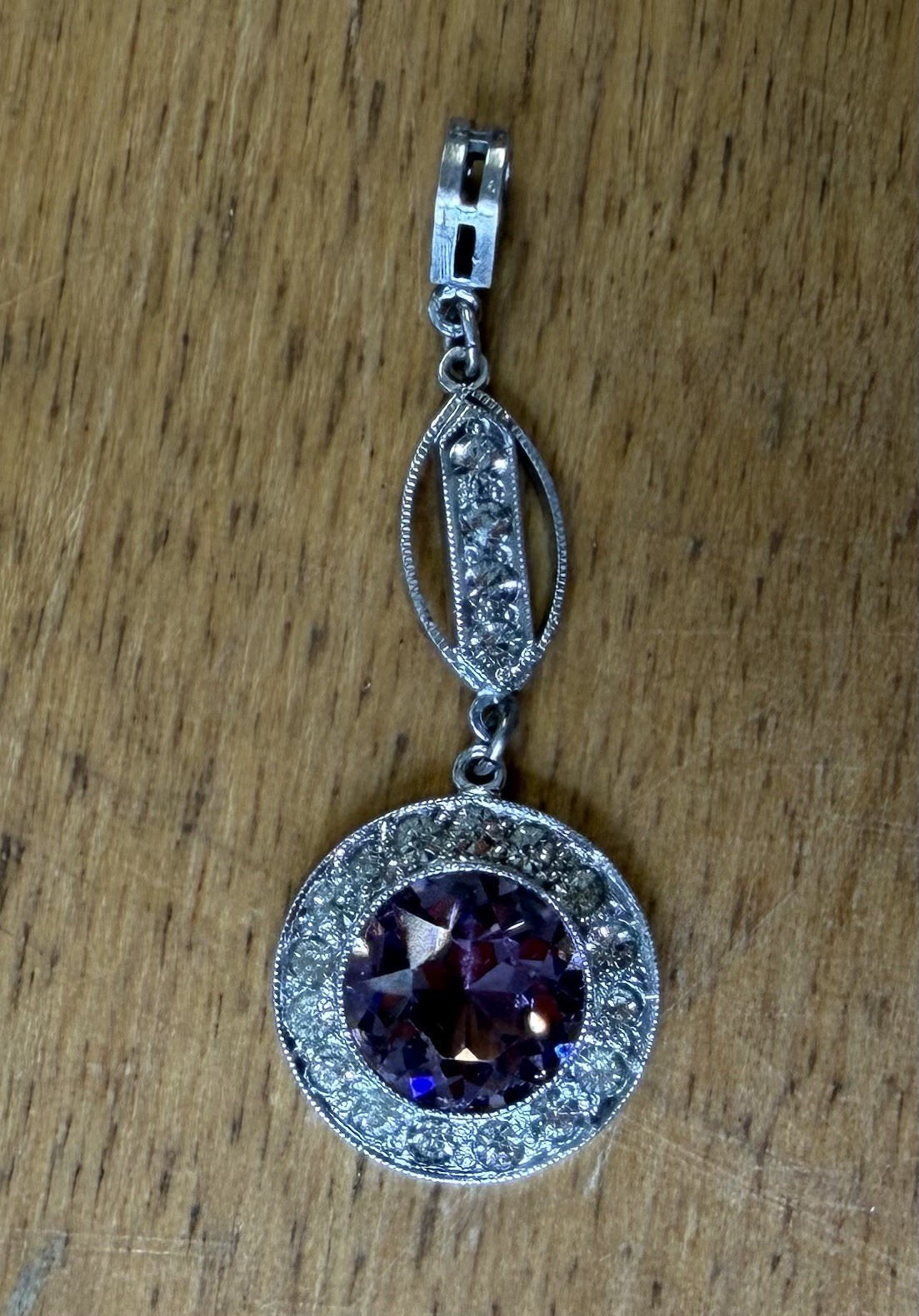 Sterling Silver Faceted Amethyst Dangle Drop Pendant 1.5” 3g Authentic Art Deco