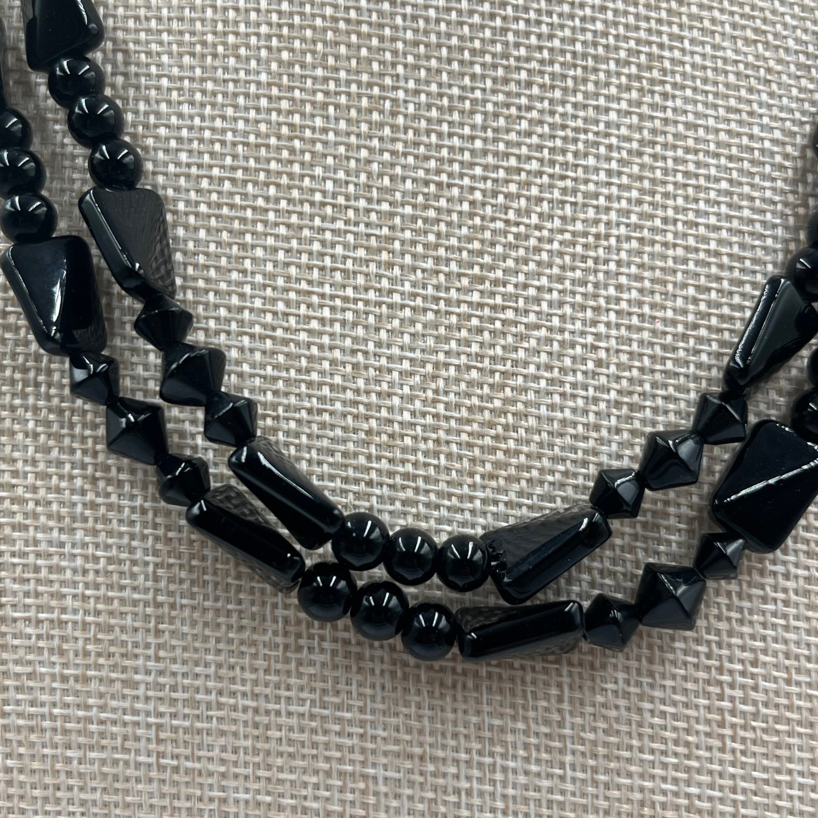 Vintage Double Strand Jet Black Beaded Statement Necklace Mixed Shapes Art Deco