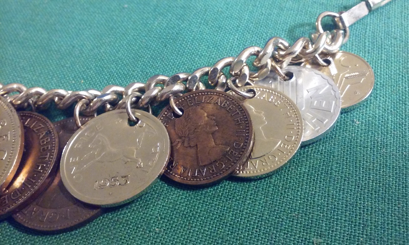 Vintage 15 RARE 1950’s Coin Charm Bracelet South Africa, India, Osterreich 8″