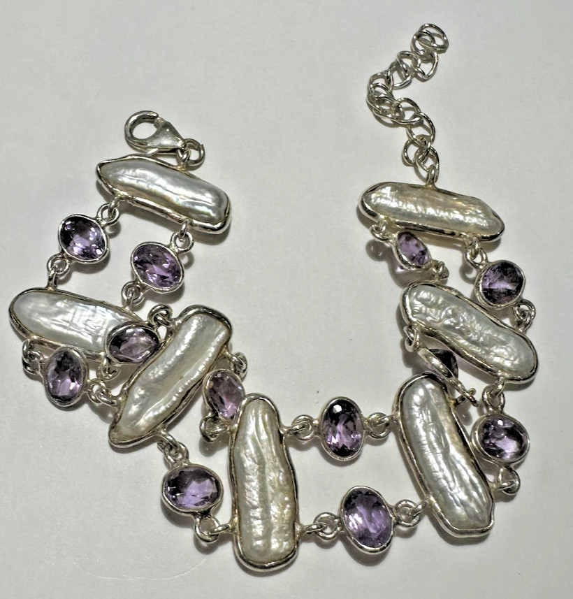 Lavender Amethyst Stone 6″ -7″ White Pearl Beads Silver Vintage 14.3g Bracelet