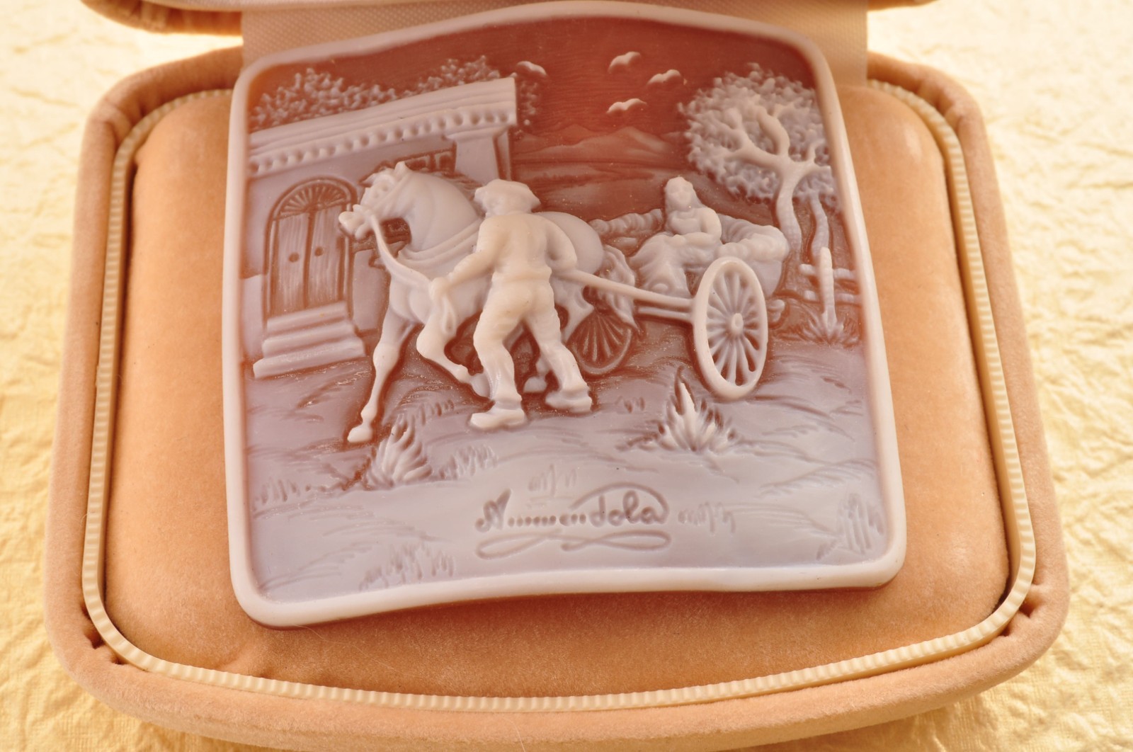 Vintage square shell cameo, carved “Women going out”, (74.5ct) sign by artist.