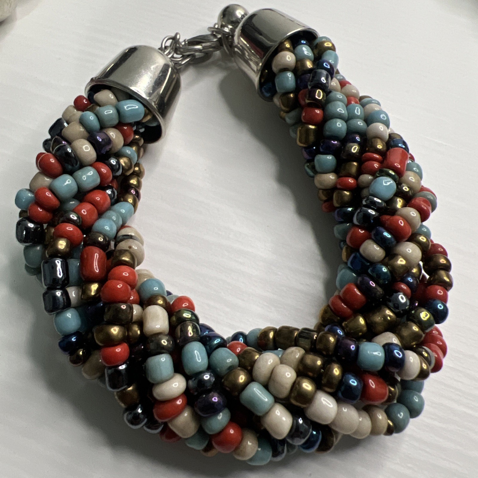 Multicolored Bead Multi Strand Statement Silver Tone Necklace Bracelet Set