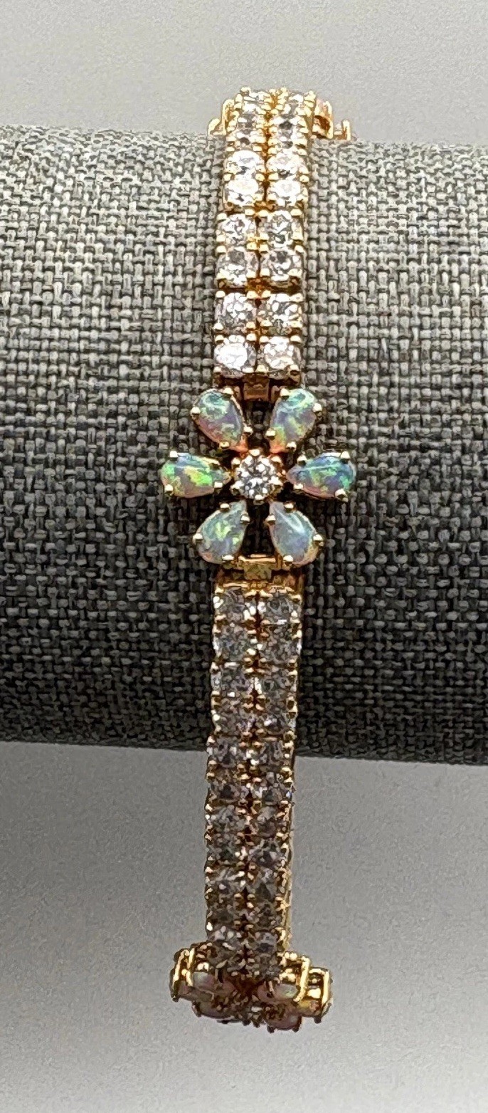VTG Vermeil Sterling Silver 925 Opal & CZ Tennis Flower Boho Bracelet Floral 8”