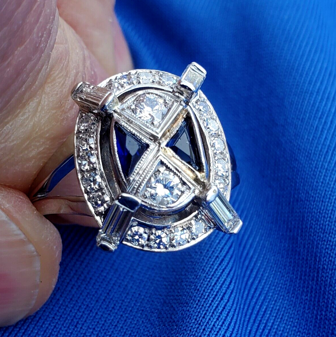 Original EARTH MINED DIAMOND Deco Sapphire Engagement Ring Vintage 18K GOLD