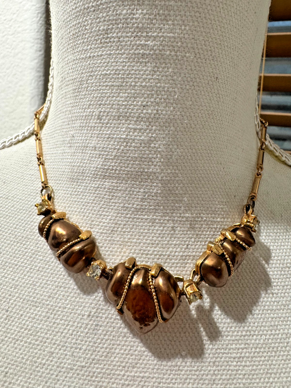 Vtg Bracelet Necklace Set MCM Regency Revival Brown 3D Textured Beads Gold Tone