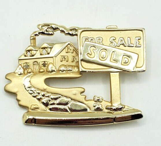AJC Gold Tone Real Estate Pin Brooch House Sign For Sale SOLD Realtor Gift USA