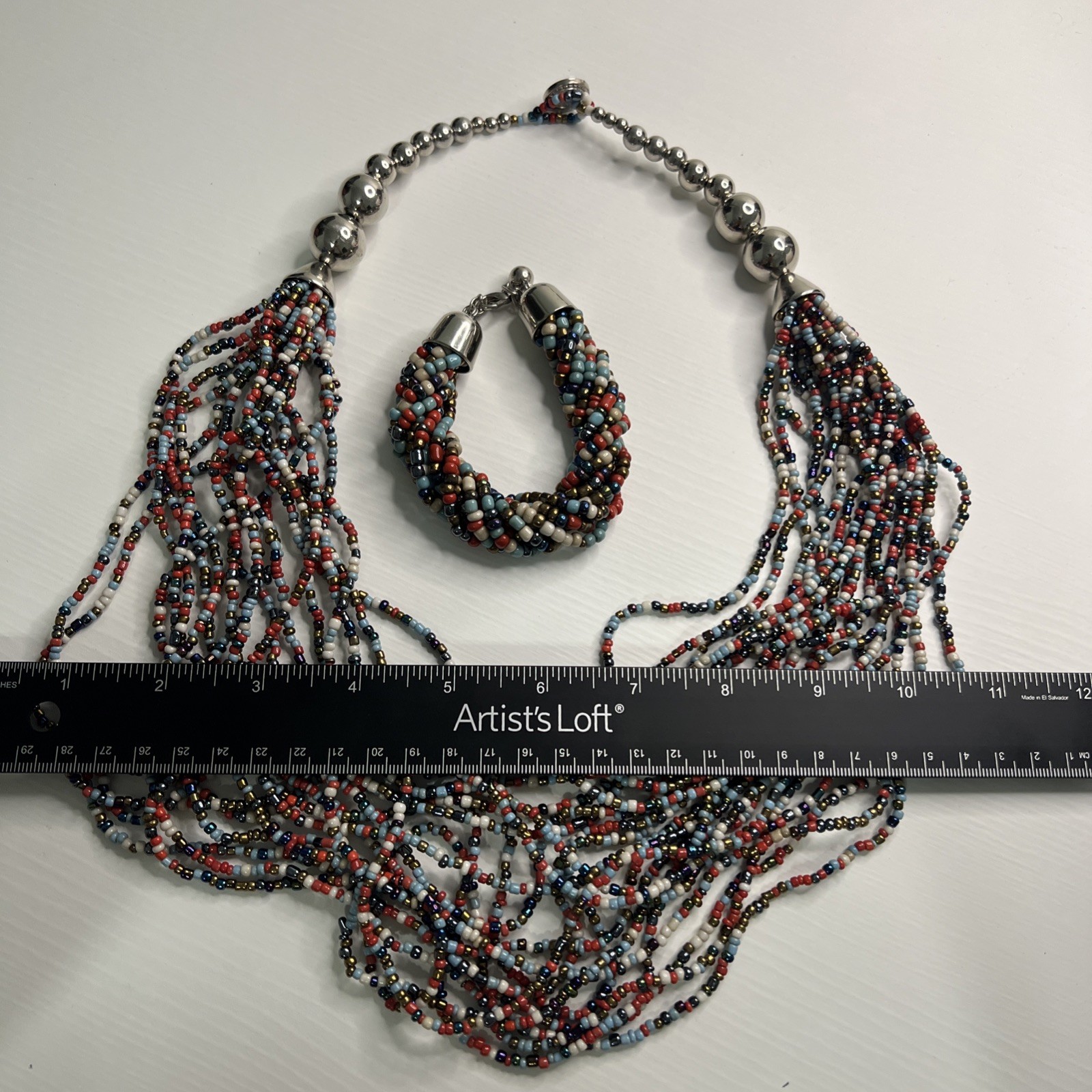 Multicolored Bead Multi Strand Statement Silver Tone Necklace Bracelet Set