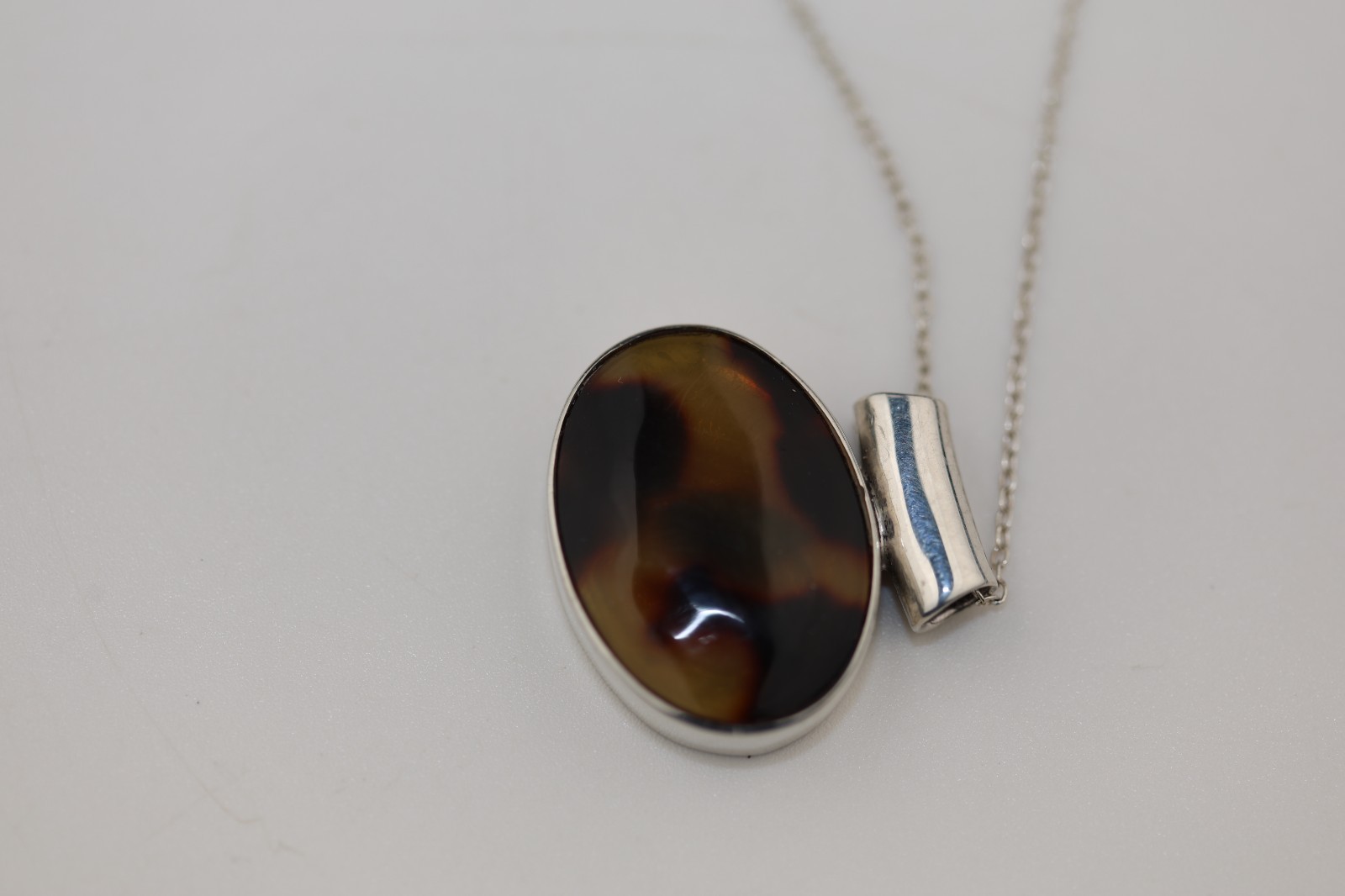 Amber Agate Oval Pendand Necklace Sterling Silver