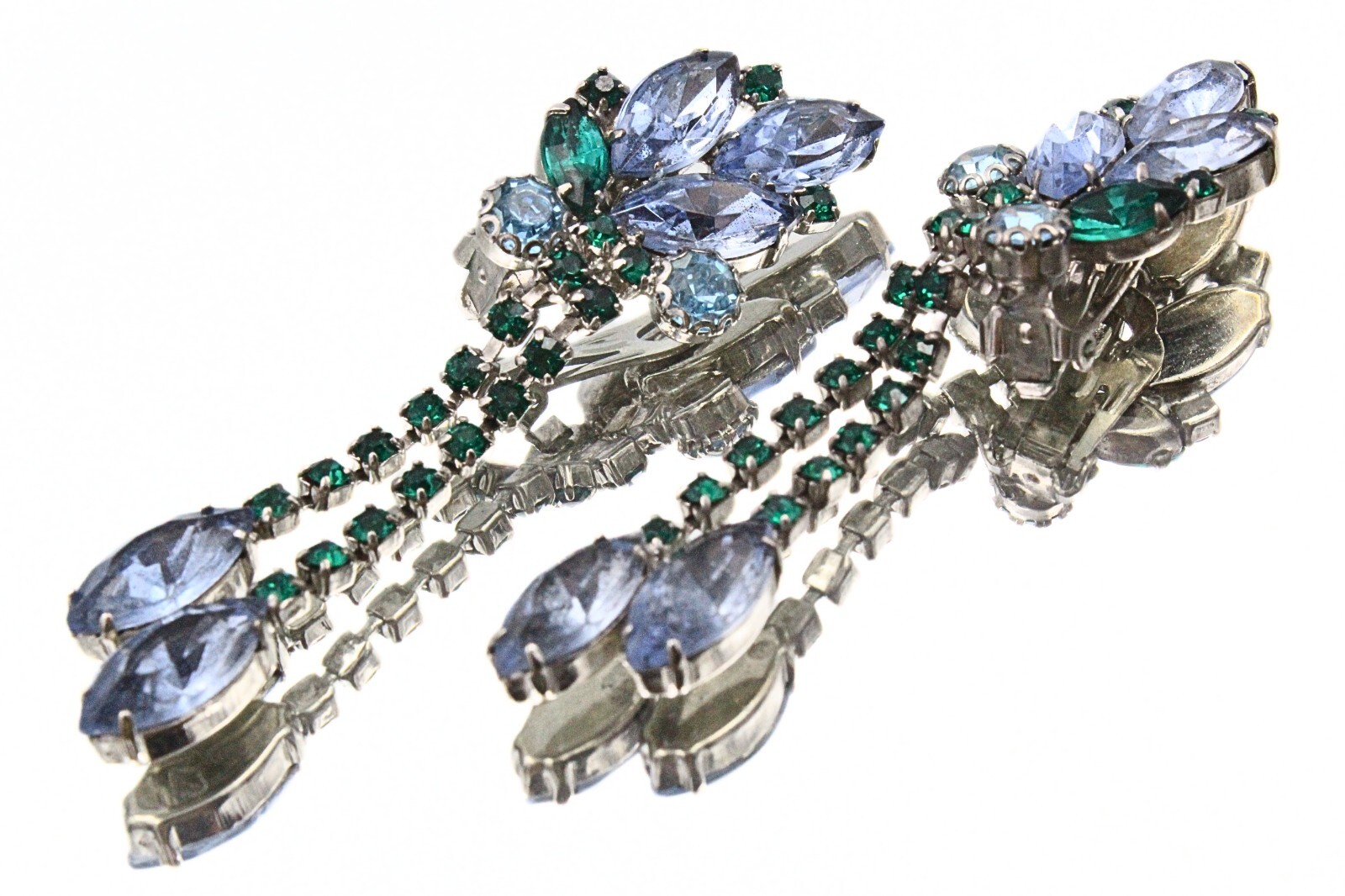Holiday Light Blue Green Fancy Rhinestones Crystal Dangle Drop Long Earrings