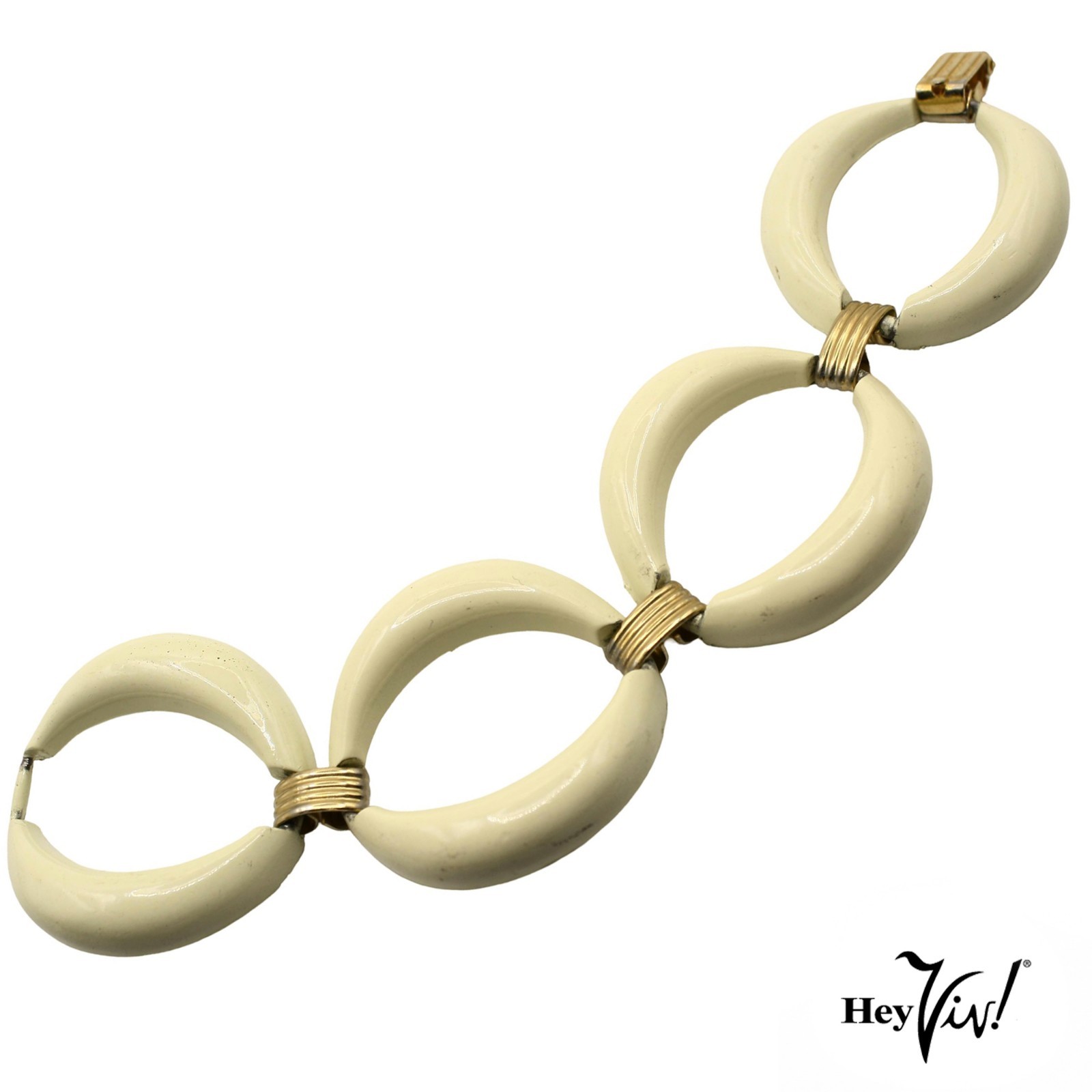 Vintage 1960s Mod Off White Enamel Link Bracelet Gold Tone Accents 7″ – Hey Viv