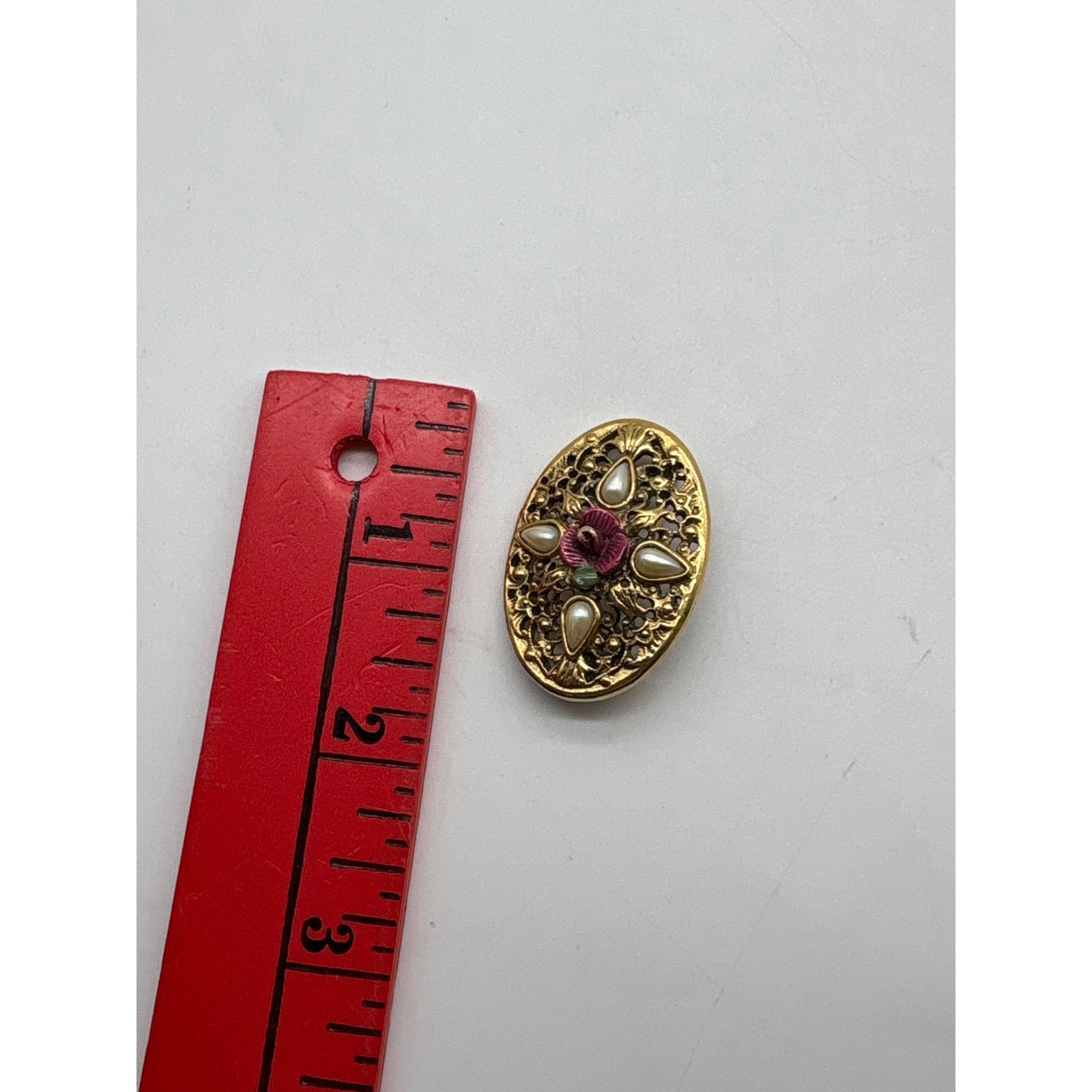 Vintage Victorian Revival Gold Tone Filigree Oval Brooch Faux Pearl Red Rose