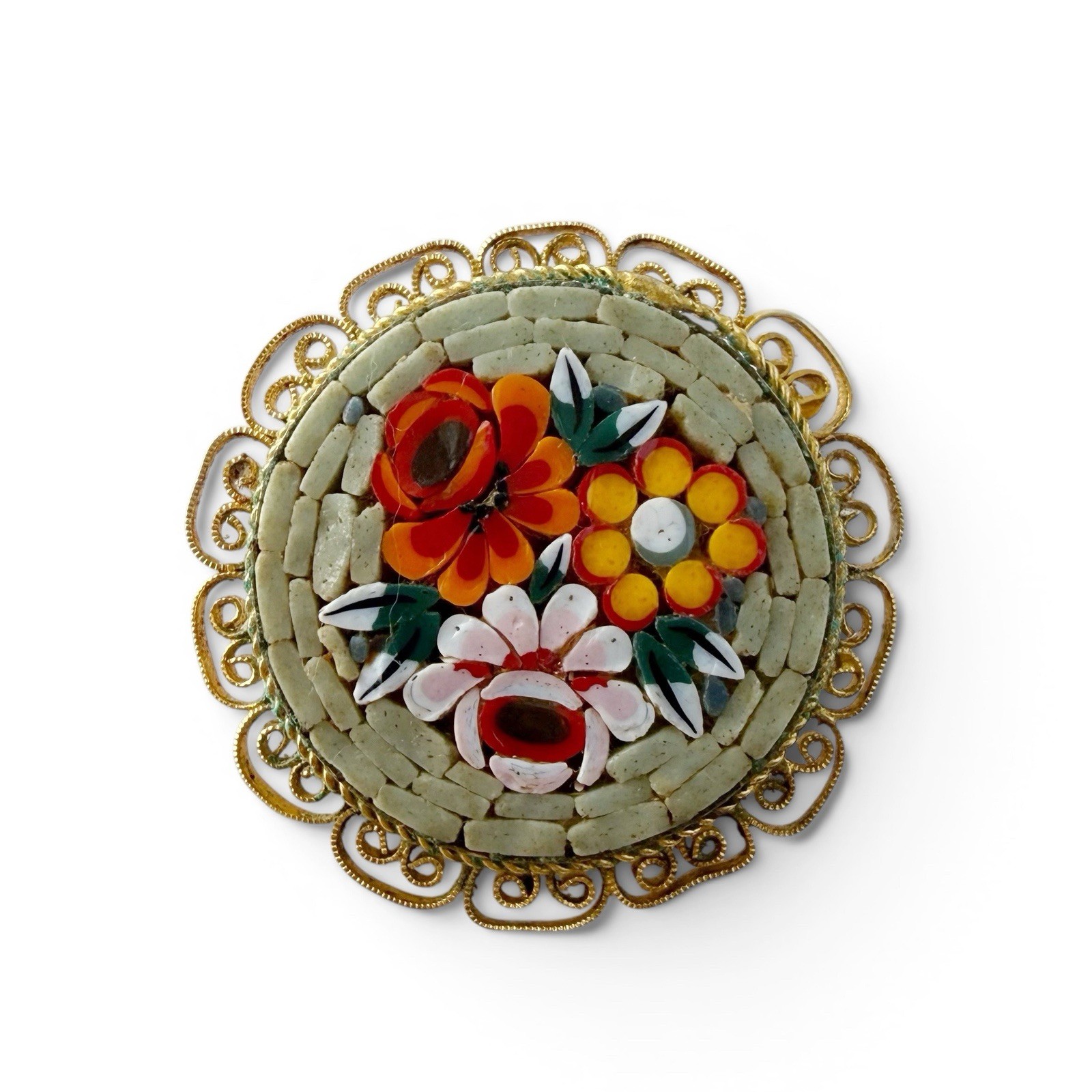 Vintage Micro Mosaic Floral Green Yellow Red Round Brooch Pin Italy