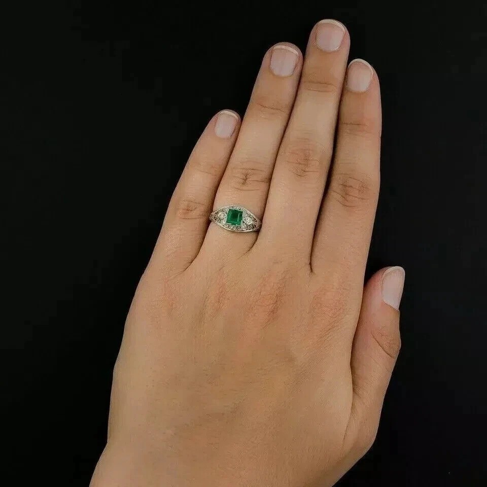 2.78Ct Art Deco Style Lab Created Emerald Anniversary Wedding 925 Silver Ring