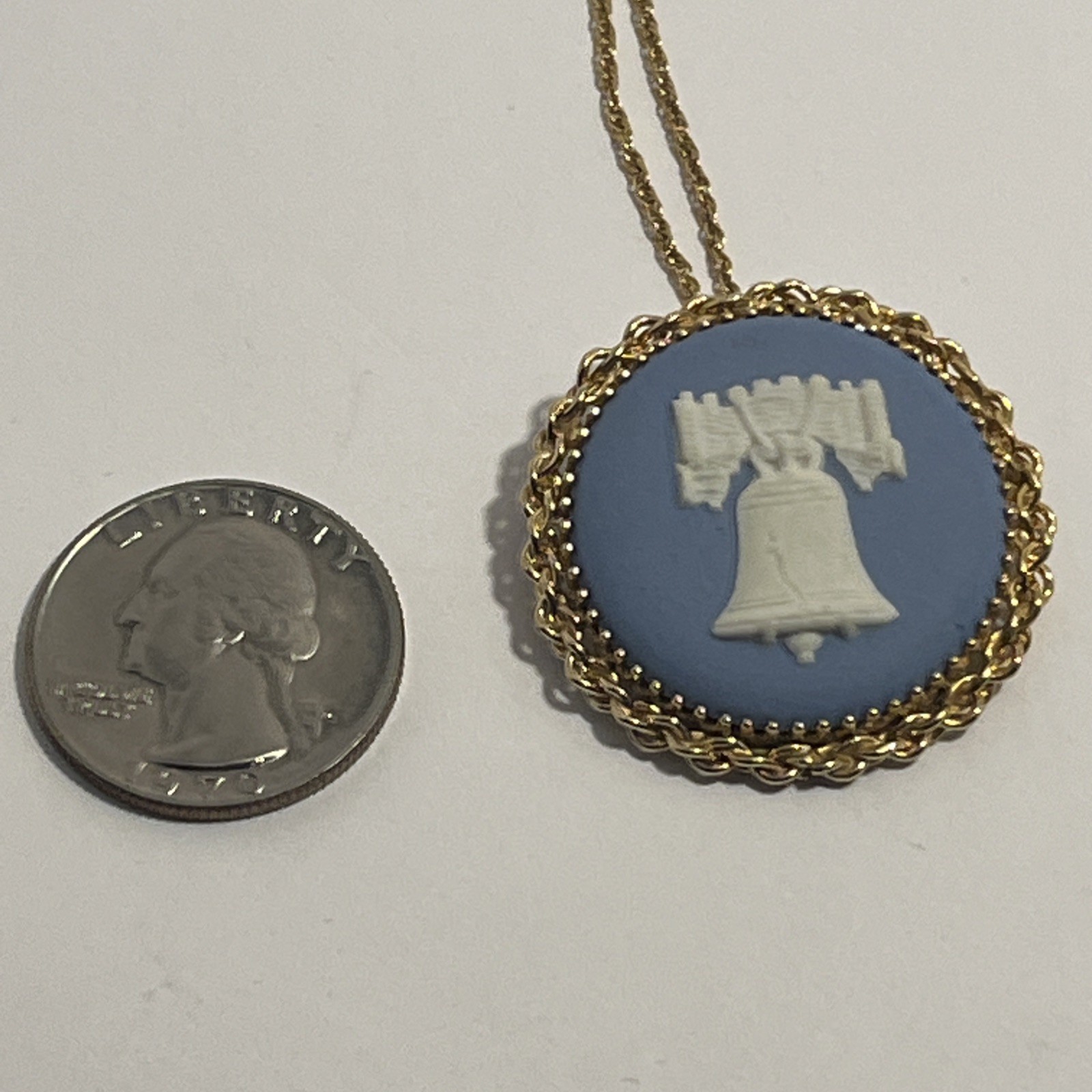 Wedgwood Blue Jasperware Liberty Bell Cameo Pendant Necklace Very Good