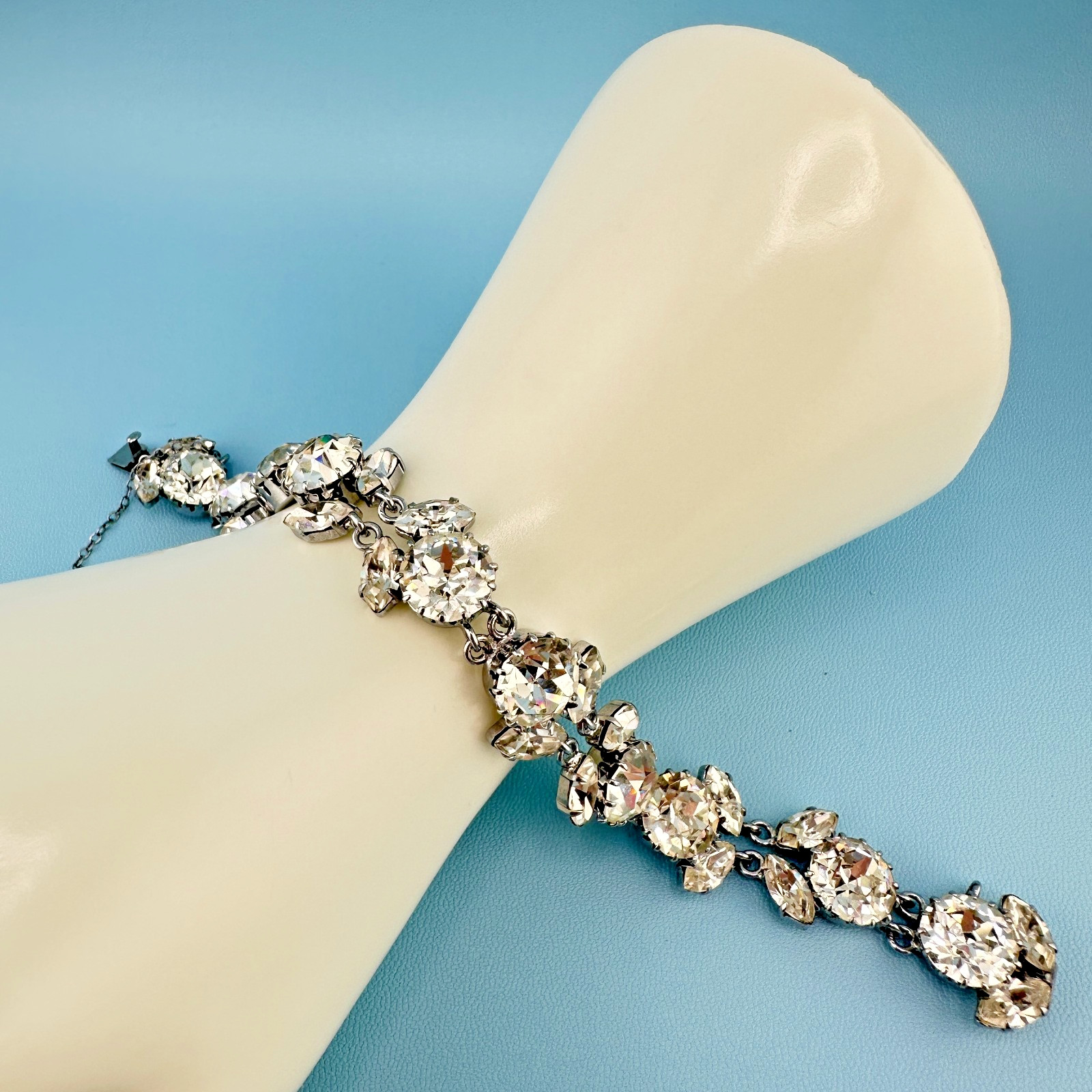 Vintage Austria Crystal Bracelet LG Dentelle Prong Set Silver Tone Safety Chain