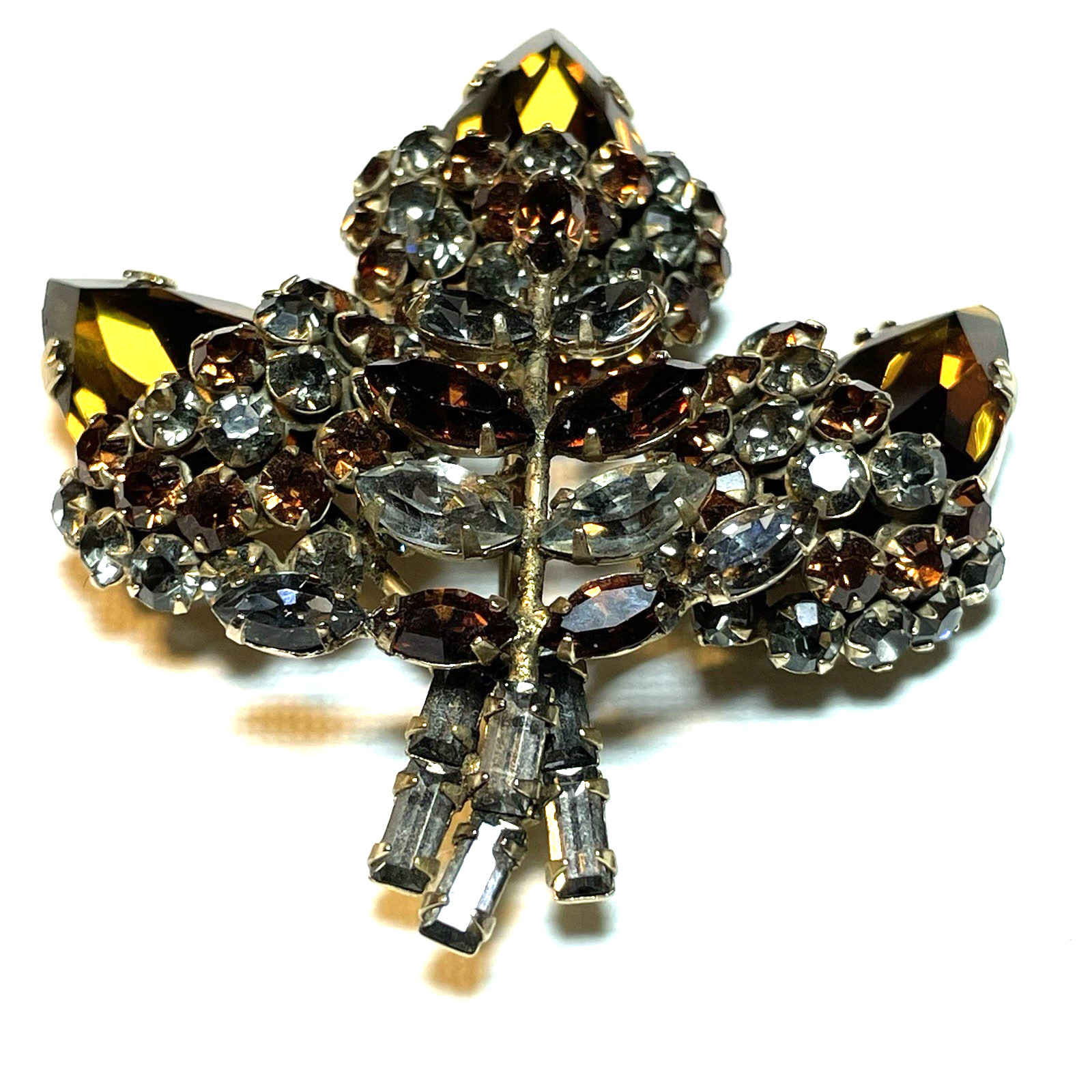 VTG UNSIGNED SCHREINER 3 ACORN STATEMENT BROOCH DARK TOPAZ & SMOKY GREY CRYSTALS