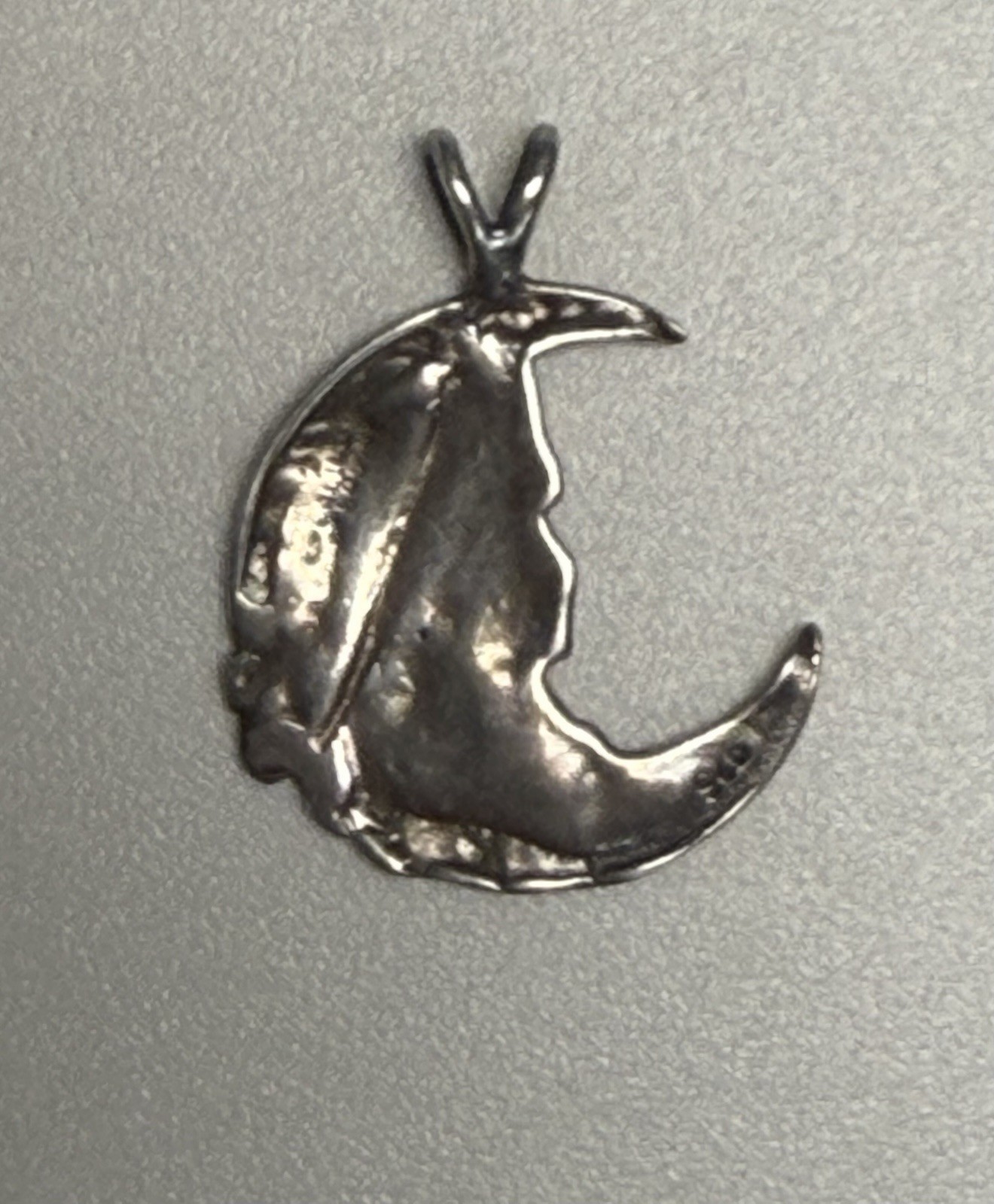 Vintage Sterling Silver Pendant with Girl’s Face Hat Crescent Moon Silhouette
