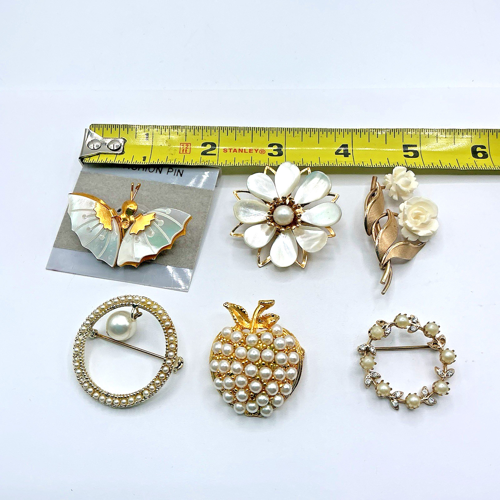 Lot of 6 Gold Tone Faux Pearl MOP Brooch Pins VanDell And Unbranded Apple Flower
