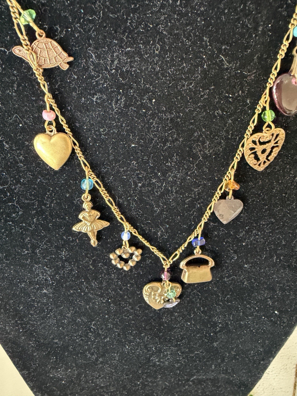 Vintage Signed Glassworks Studio Multi Charm Love Luck Fun Heart 28″ Necklace