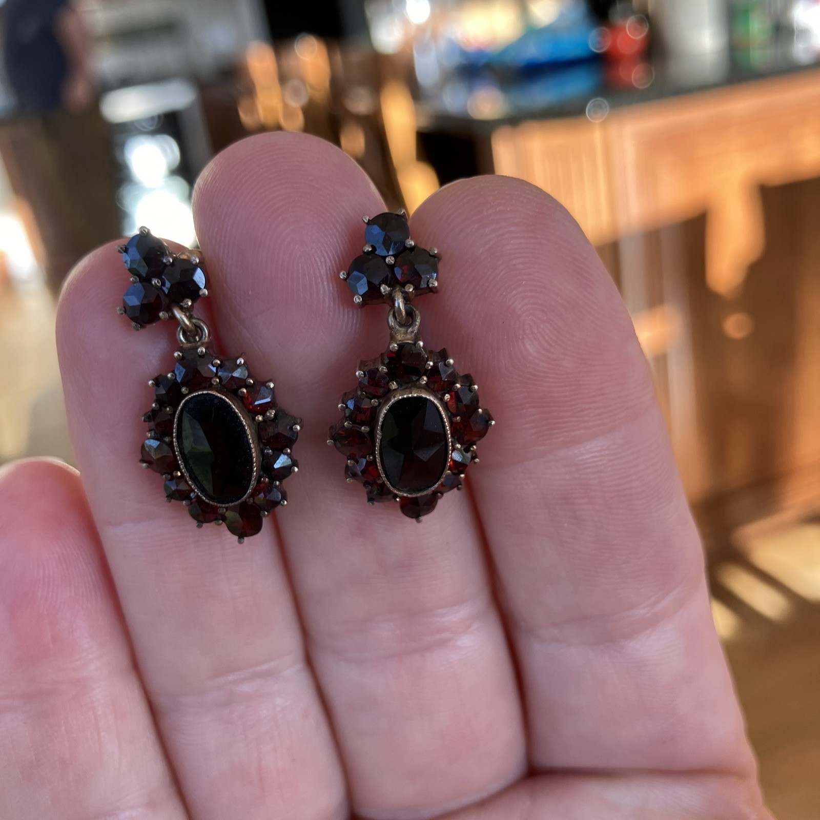 Antique Vintage Victorian Genuine Bohemian Garnet Drop Earrings Rare Large