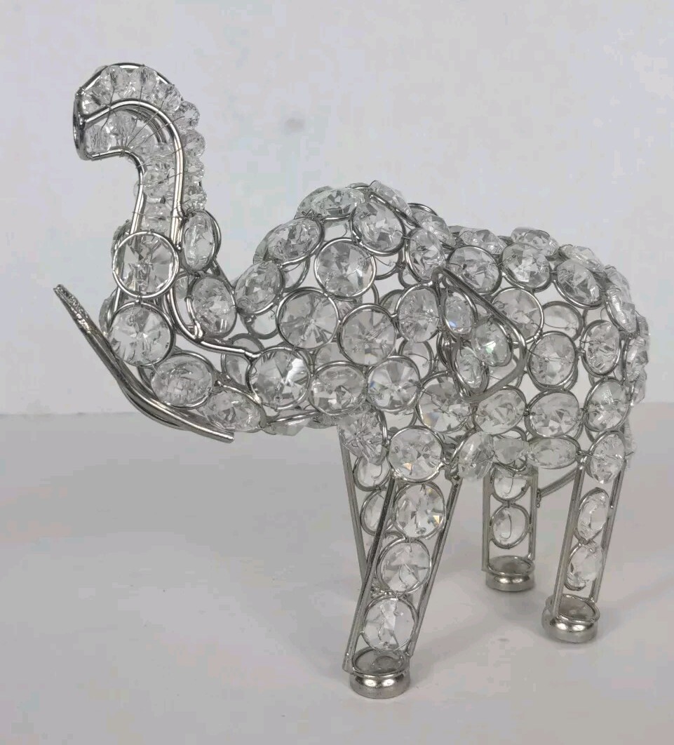 Elaborate Glass Embellished White Crystal Tone Elephant Statue
