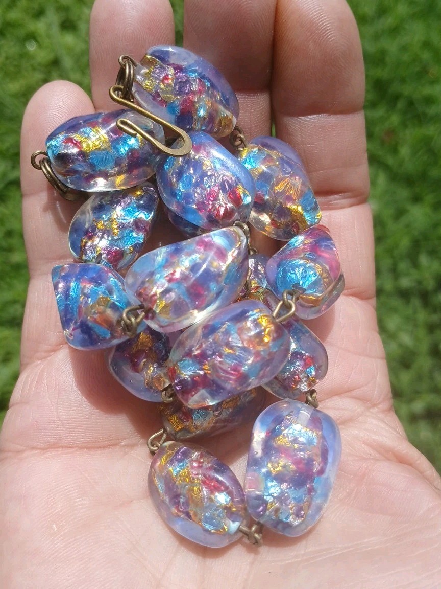 HUGE ANTIQUE JAPAN OPAL CONFETTI GOLD SILVER FOIL ART GLASS NECKLACE SET OOAK