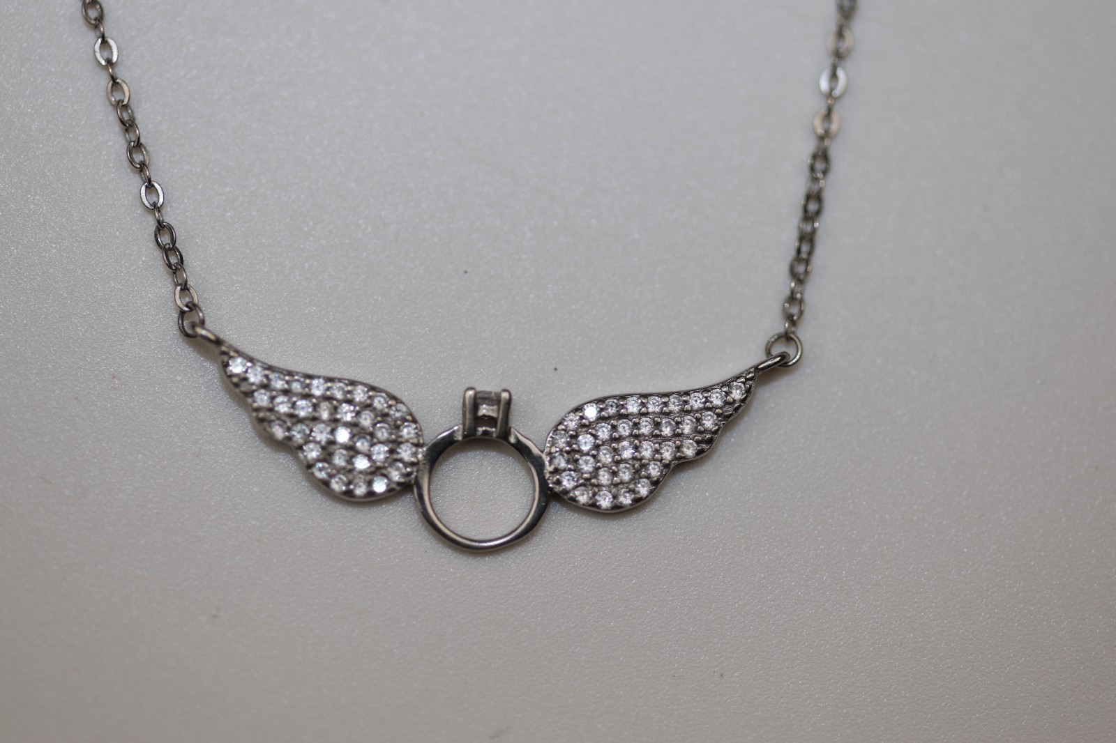 Angel Wings and Ring with Gemstones Pendant Necklace Sterling Silver
